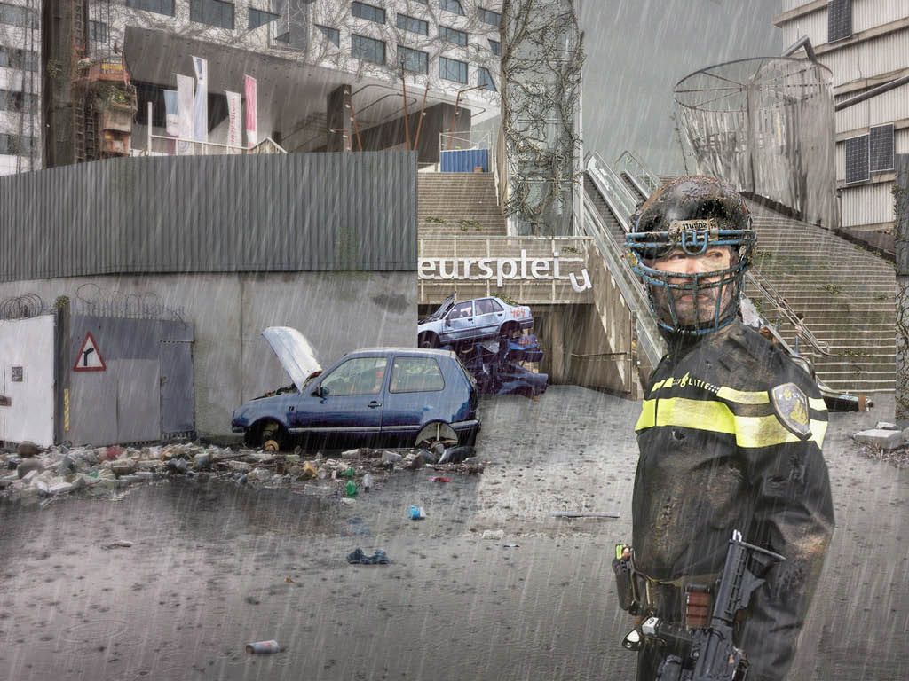 Uit de inzending: People of Petrotopia. In deze post-fossiele stad zijn wel zonnepanelen en windmolens, maar het kwaad is al geschied: de straten van Utrecht staan blank.