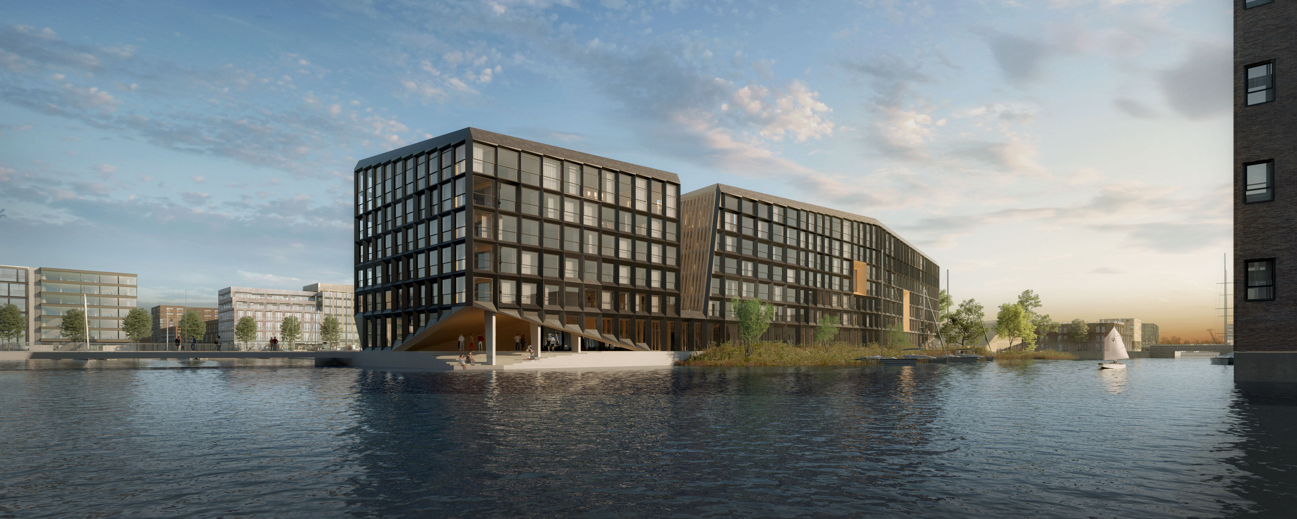 Zicht vanaf het noorden. Het gebouw krijgt na oplevering het hoogst haalbare duurzaamheidscertifi caat (Breeam outstanding). 