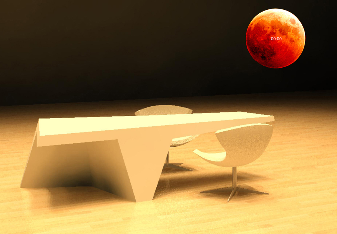 Impressie Michigan Table met op de achtergrond de digitale lamp en klok Dark side of the Moon van Studio Op&er.