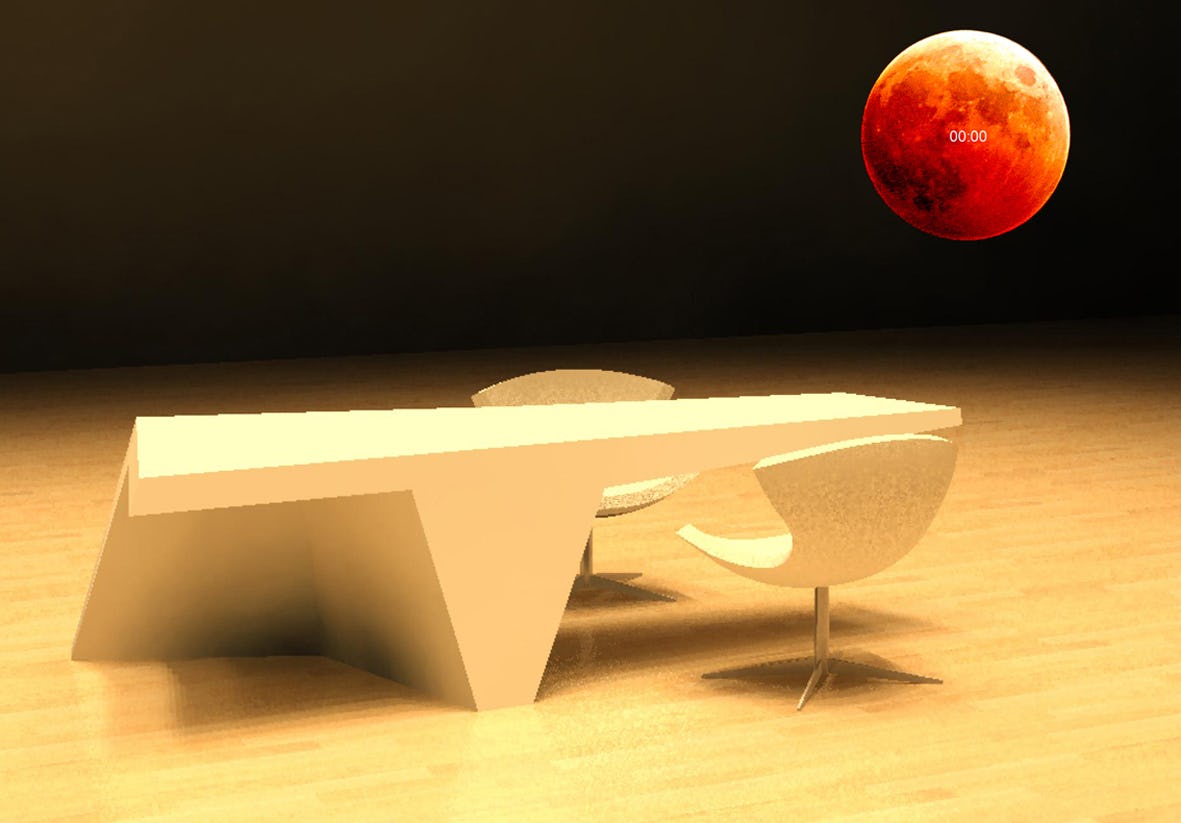 Impressie Michigan Table met op de achtergrond de digitale lamp en klok Dark side of the Moon van Studio Op&amp;er.