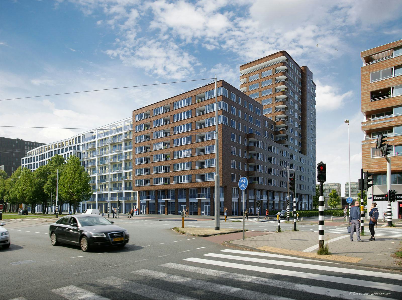 Impressie gevel appartementen hoek Jan van Galenstraat / Rinus Michelslaan (Impressie Theo van Leur)