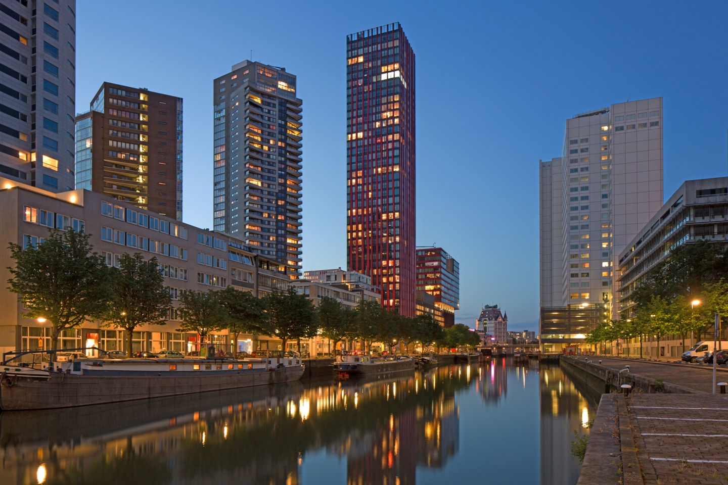 Wijnhaveneiland ligt tussen de Rotterdamse binnenstad en de Maas en wordt vanaf 1996 getransformeerd tot een levendig stadsdeel op basis van een dynamisch model dat hoogbouw toestaat op basis van de perceelgrootte. Bebouwingsregels zorgen voor een evenwicht tussen nieuwe en bestaande bebouwing, uitzicht en bezonning. Beeld Ossip van Duivenbode 