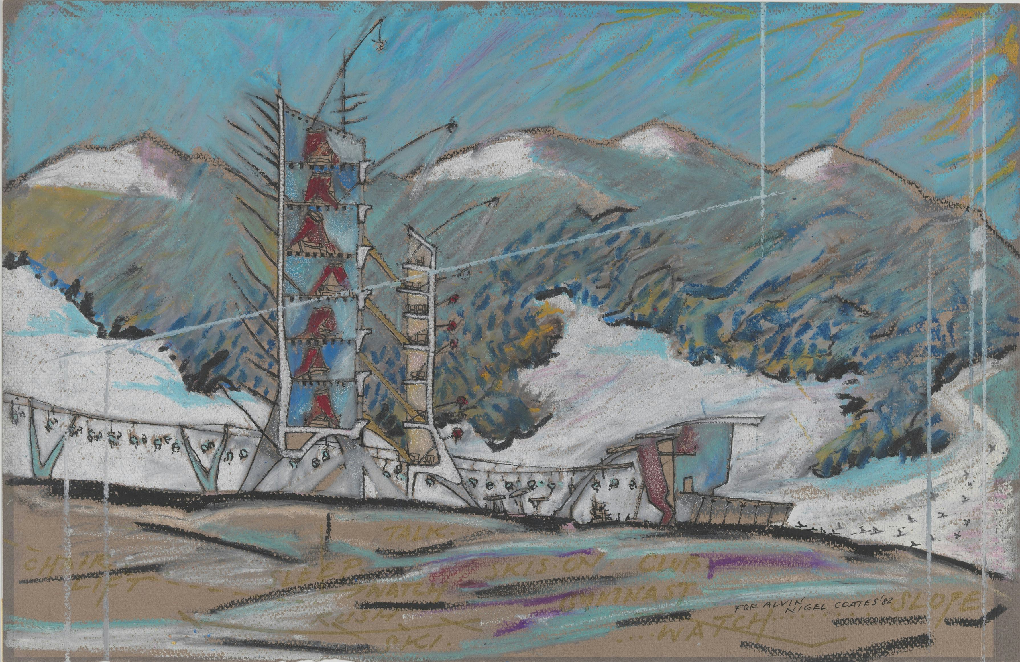 Nigel Coates, 1949 Ski Station, 1982 Oil pastel, pen and black ink, gold marker ink, and spattered white ink on dark gray paper (faded to brown) Imagesheet 32.5 x 50 cm, From the Collection of the Alvin Boyarsky Archive