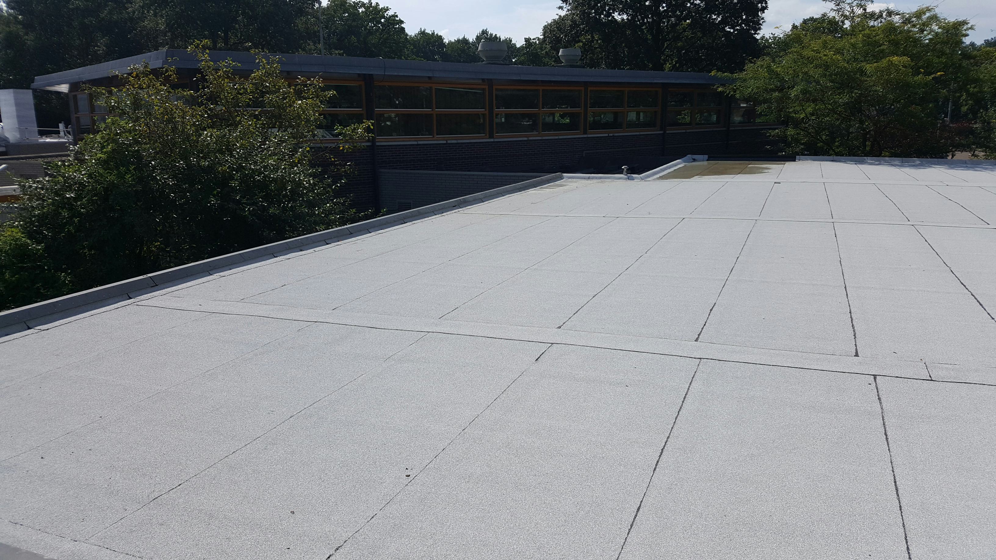 Het dak van het Eckart College in Eindhoven is in één keer compleet gerenoveerd en voorzien van een nieuwe witte dakbedekking en zonnepanelen.
