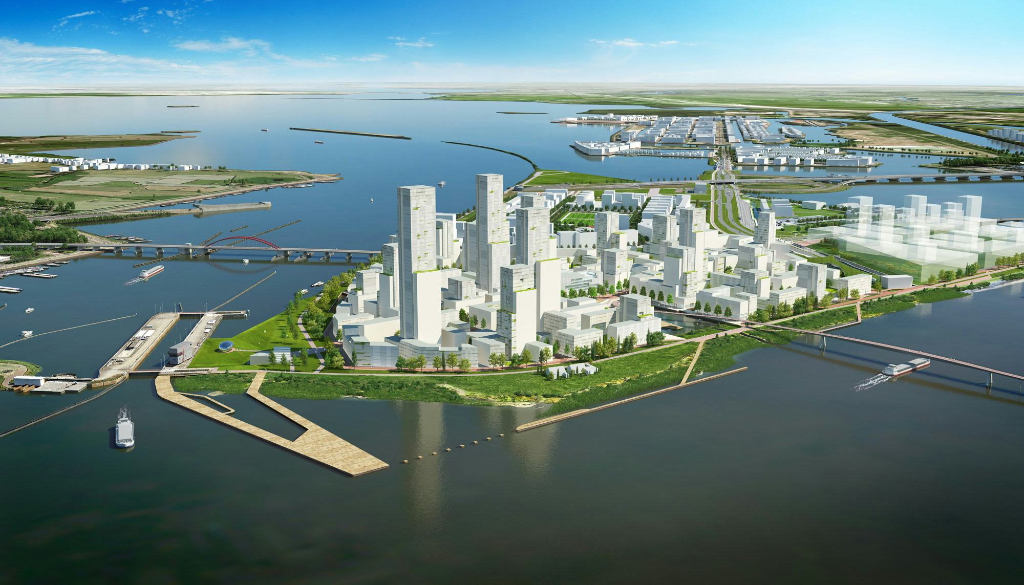 Artist impression van Zeeburgereiland, de Sluisbuurt, in Amsterdam en omgeving, westkant (1) en oostkant (2)