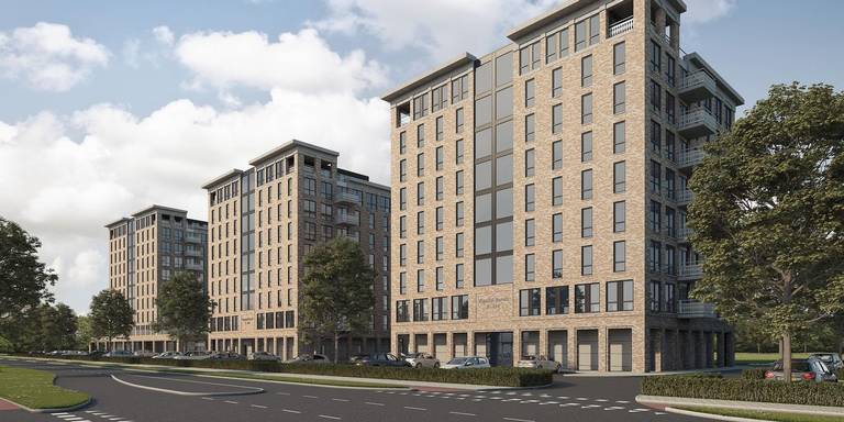 De drie torens, van negen en tien verdiepingen hoog, vullen straks het ‘gat’ dat de sloop van de oude Leeuwarder Papierfabriek achterliet. Illustratie TWA Architecten