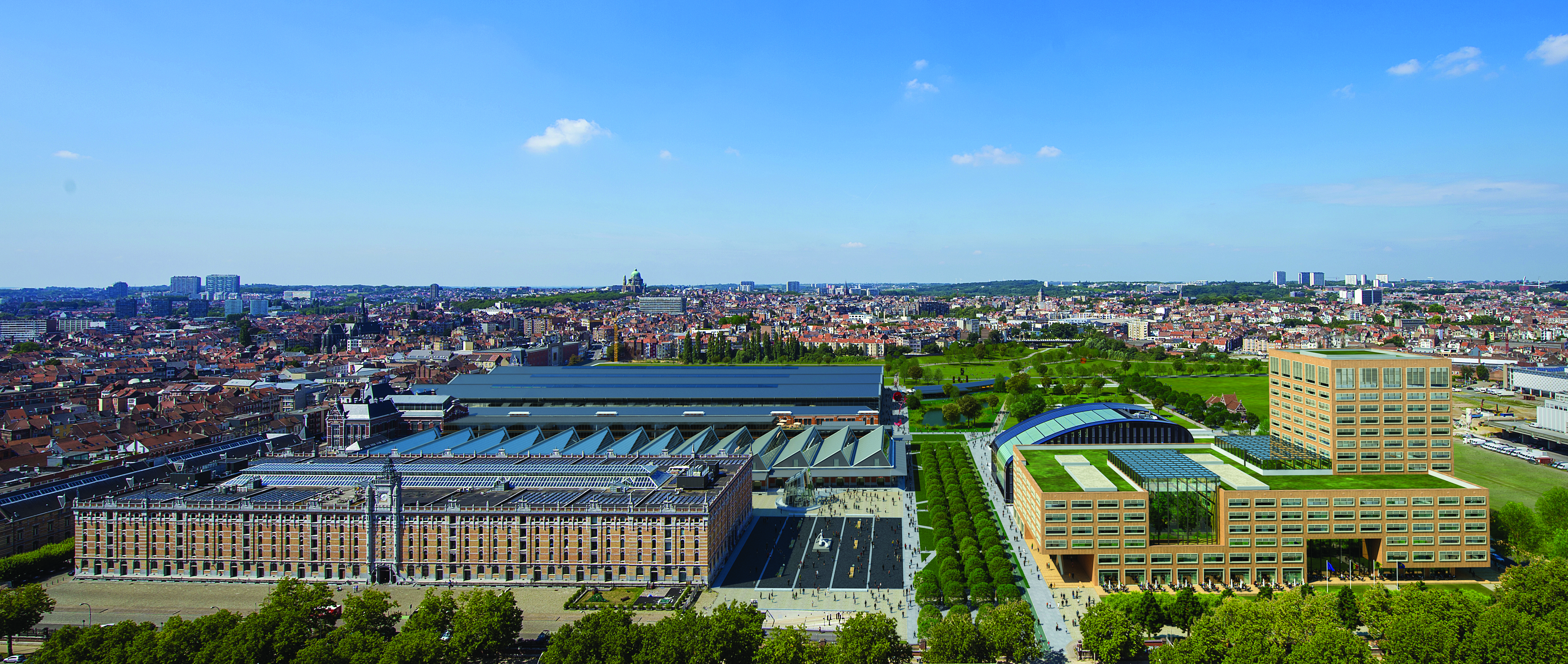 Het gebouw van Neutelings Riedijk Architecten ligt tussen het kanaal (rechts op de foto) en het gebouw dat Cepezed in 2014 voor de dienst Leefmilieu Brussel realiseerde op het Tour & Taxis-terrein aan de Havenlaan Beeld Filip Dujardin / Neutelings Riedijk Architects