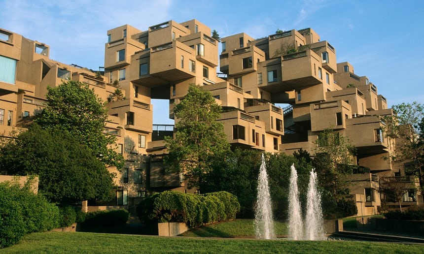 Habitat 67 in Montreal. Een pilot project van Moshe Safdie’s om het wonen in appartementen opnieuw uit te vinden. Foto: Landscape / Bron: Guardian