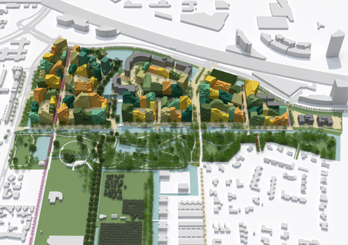 Stadsblokken met geluidsarme binnentuinen hebben een zonnige en groene nieuwe stadswijk tot resultaat. Beeld: MVRDV
