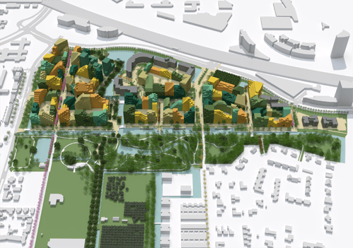 Stadsblokken met geluidsarme binnentuinen hebben een zonnige en groene nieuwe stadswijk tot resultaat. Beeld: MVRDV