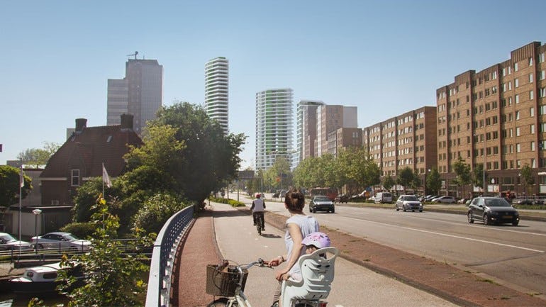 Als de torens er daadwerkelijk komen, wordt dit het toekomstbeeld. Links bovenaan de ‘Lubatoren’. (Impressie: Powerhouse Company/RED Company)