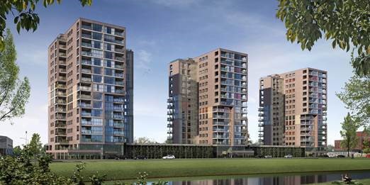 Bouwstart middelste toren Overkamppark Dordrecht naar een ontwerp van Klunder Architecten. De linkertoren is al eerder gerealiseerd. Impressie: AM