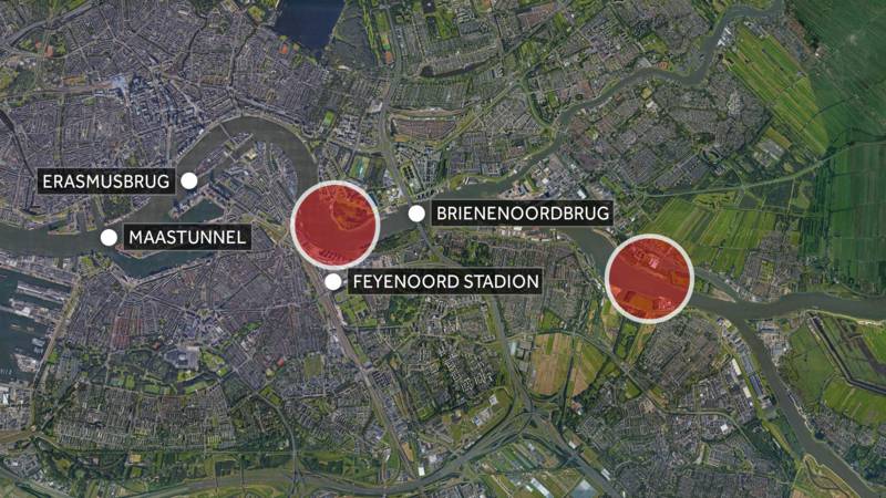 De twee locaties in Rotterdam waar de oeververbinding zou kunnen komen