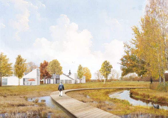 Zicht op het broekbos, het voormalig gemeentehuis met nieuwe woningen en het kasteeltje Cranendonck