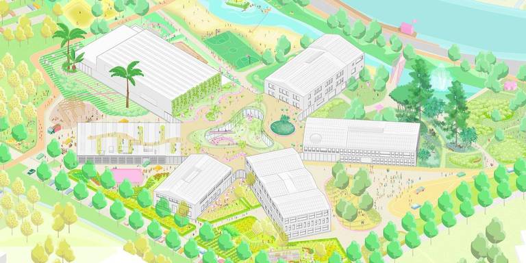 Het nieuwe Eemsdeltacollege. De sporthal (linksboven onder de palmbomen). En dan met de klok mee: het Cleveringa Lyceum (havo/vwo), een kunst-, cultuur- en science-gebouw, het Theda Mansholt College (vmbo), Praktijkschool George Martens en een gebouw met alle praktijklokalen waar ook het Noorderpoort (mbo) in wordt gevestigd. 