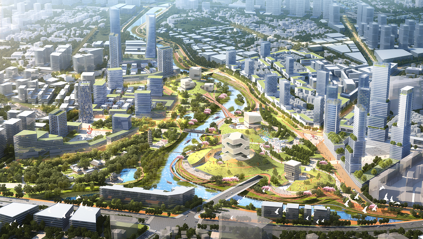 Masterplan Longgang Riverfront Shenzhen in China door KCAP en CAUPD, beeld Silkroad CG voor KCAP+CAUPD