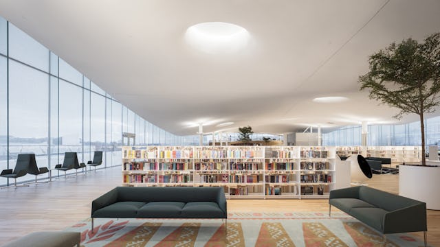 Bovenste bibliotheekverdieping. Central Library Oodi. Helsinki door ALA Architects. Beeld Tuomas Uusheimo
