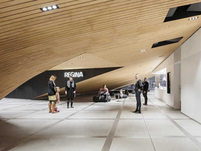 Begane grond, Entree naar filmzaal Regino. Central Library Oodi. Helsinki door ALA Architects. Beeld Tuomas Uusheimo
