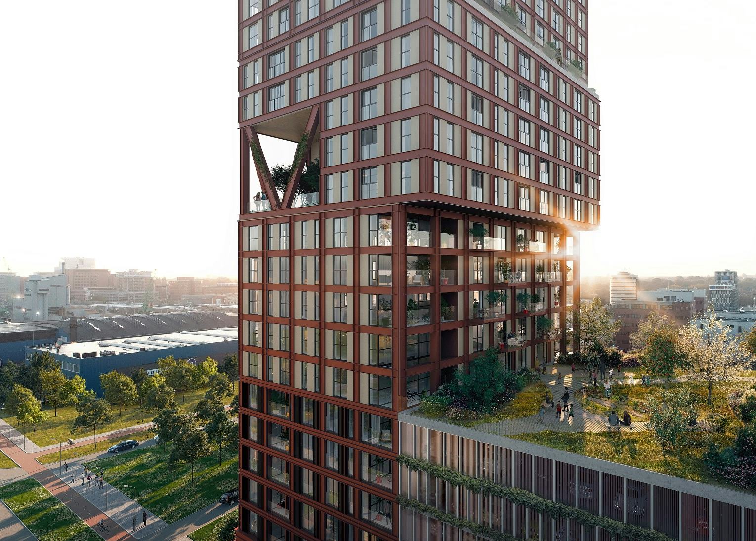 Binck Blocks in Den Haag. Een 115 meter hoge woontoren op de Binckhorst Trekvlietzone kavel 1A in Den Haag. LEVS architecten maakte het ontwerp samen met Flux landscape architecture. 