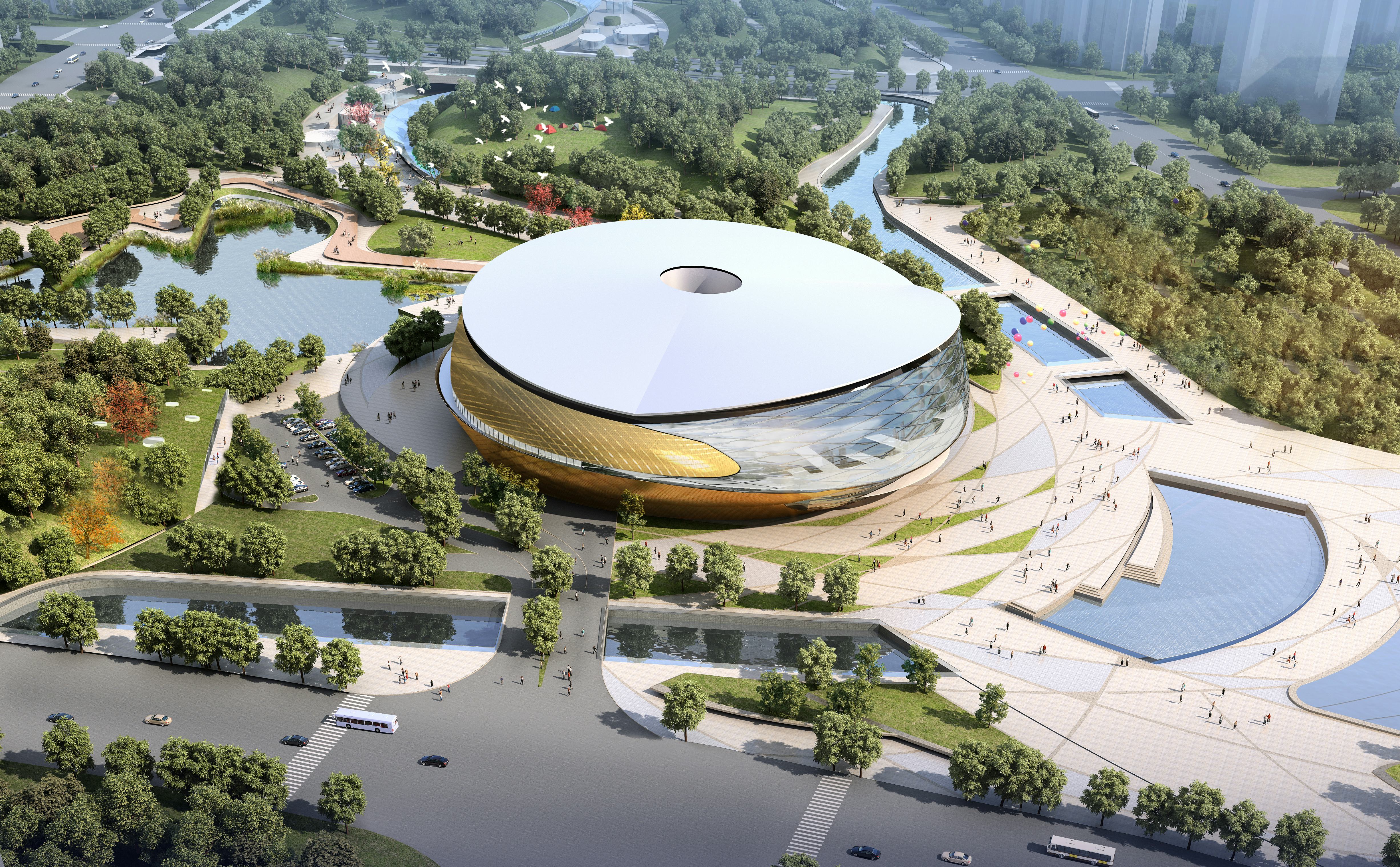 Tafeltennisstadion voor de Aziatische Spelen van 2022 in Hangzhou. Archi-Tectonics won samen met landschapsarchitect !Melk de prijsvraag voor dit park.