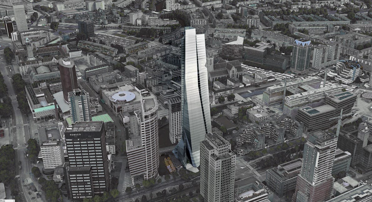 De Blaaktoren ligt aan de Westblaak in Rotterdam. De vorm van deze toren is geïnspireerd op natuurlijke kristallen.