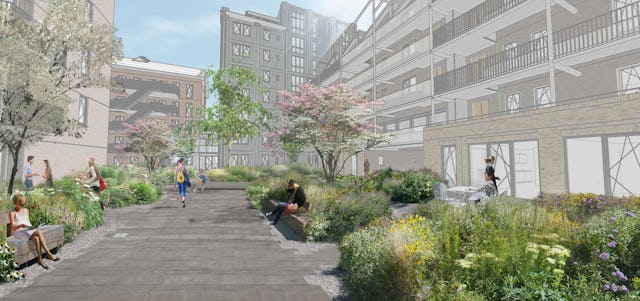 Studio Stadsgras heeft in samenwerking met Strategie Architecten en Buro Poelmanreesink de daktuin en dakterrassen ontworpen voor het 320 appartementen tellende woningbouwproject 'De Tijdgeest'. Beeld: Studio Stadsgras