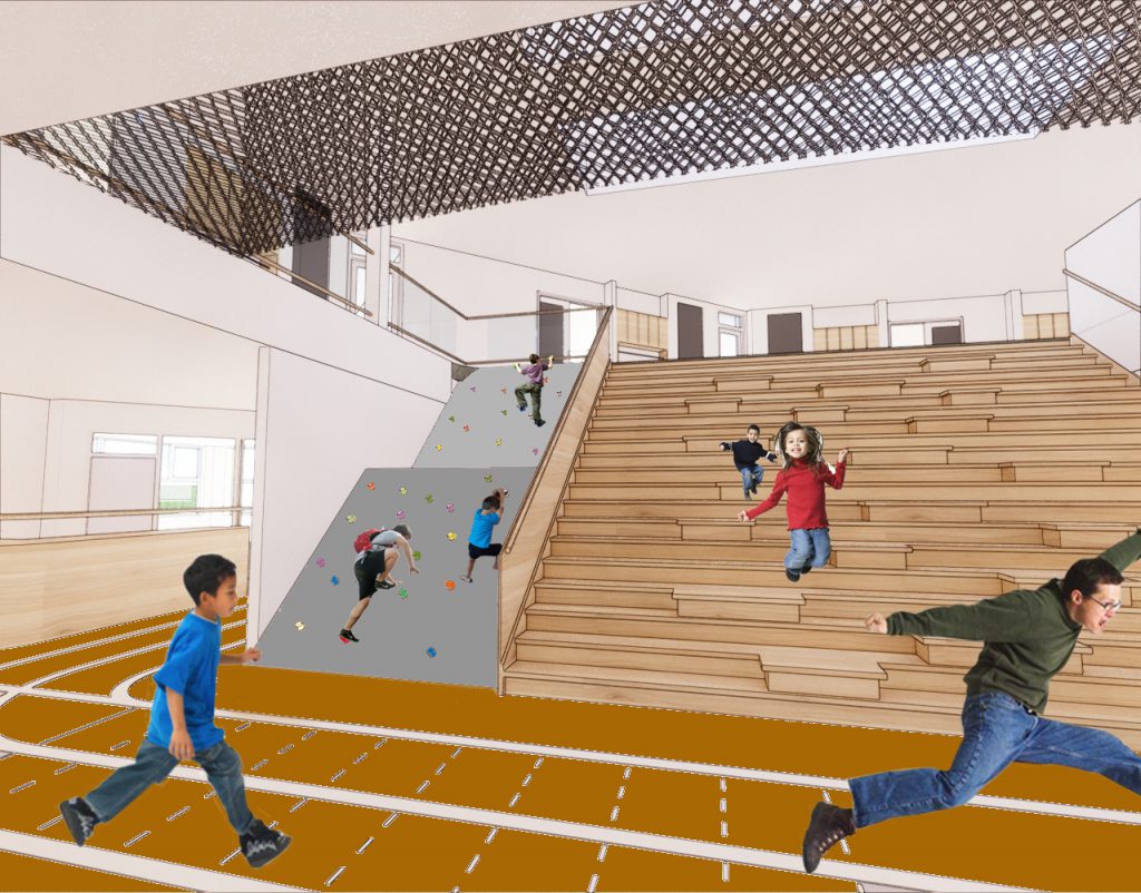 Bewegen moet weer onderdeel uit gaan maken van de normale dingen die kinderen graag doen. In de ‘beweegschool’ kunnen kinderen hun eigen uitdaging aangaan en grenzen verkennen. Beeld Topos Architectuur & Bouwkunde