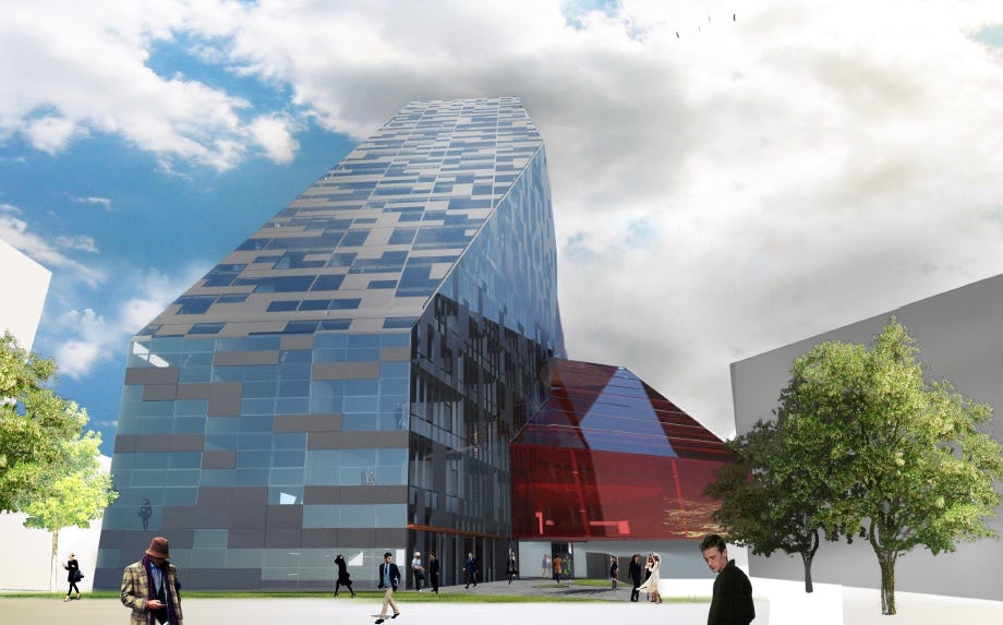 De Unknot Tower van Archi-Tectonics ligt aan de rand van de binnenstad van Leiden