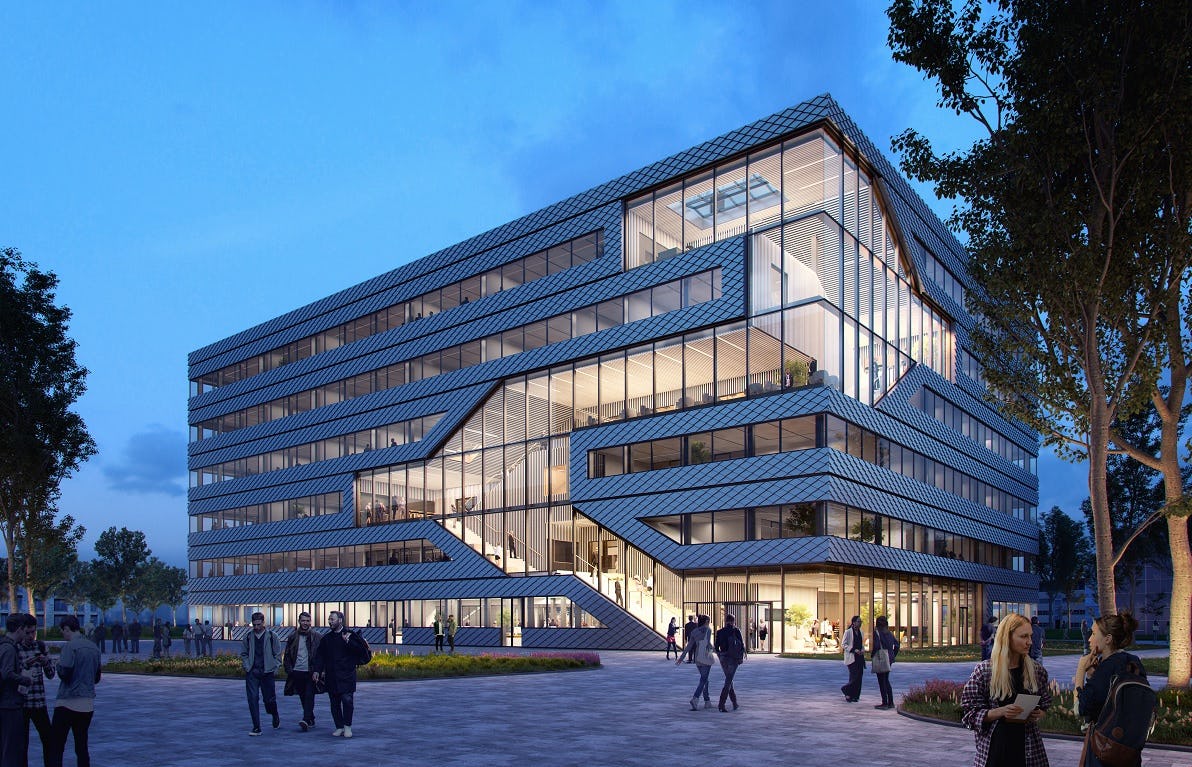 Het trappenhuis vormt het sociale hart van Matrix 1 en maakt het een markant oriëntatiepunt. Beeld: MVRDV