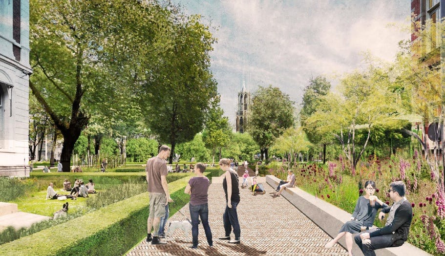 Uit de gebiesvisie 'Tuinen van Moreelse'. Op de impressie zicht van het Moreelsepark richting de Dom