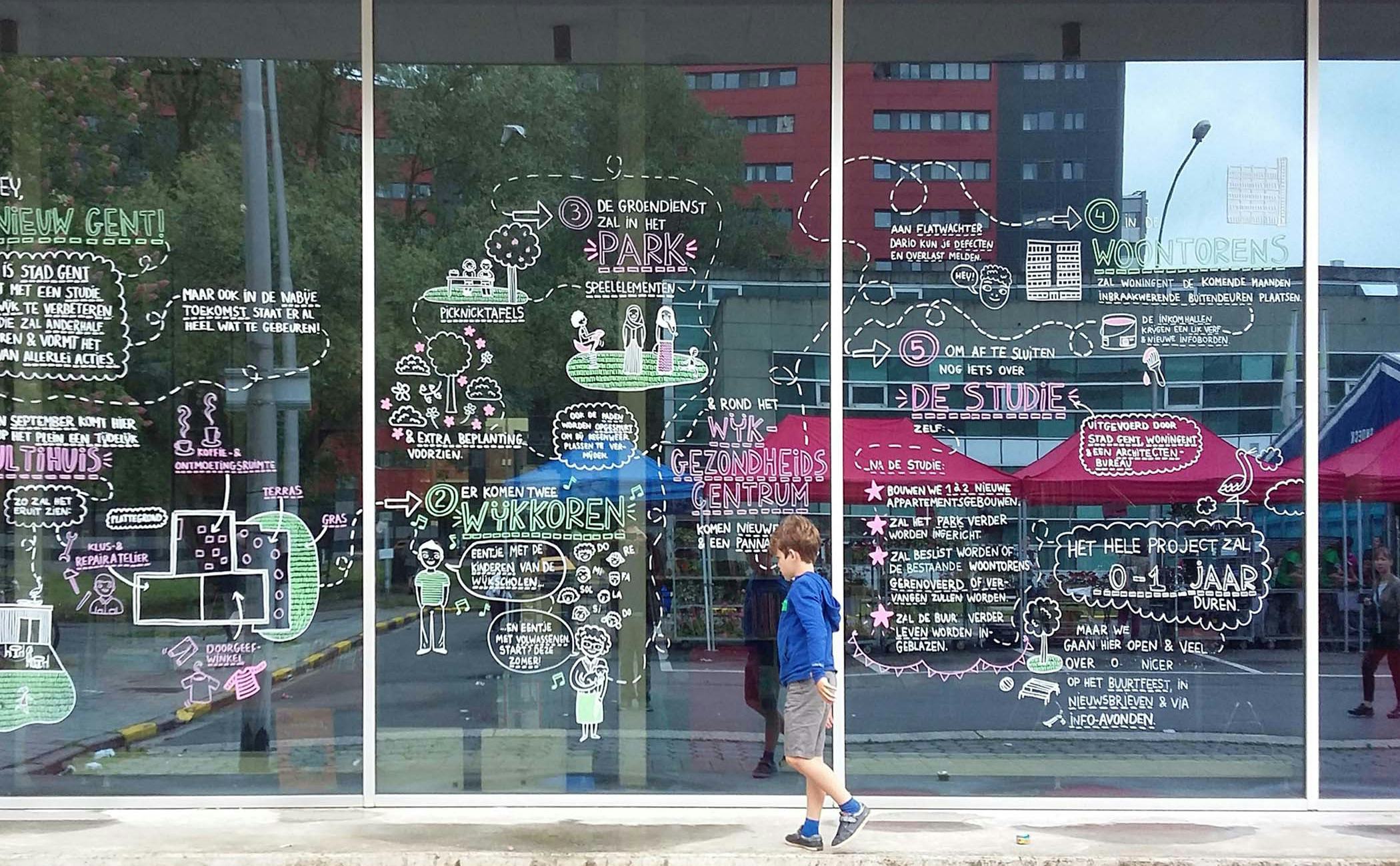 Raamtekening wijkfeest met illustraties door Eva Mouton