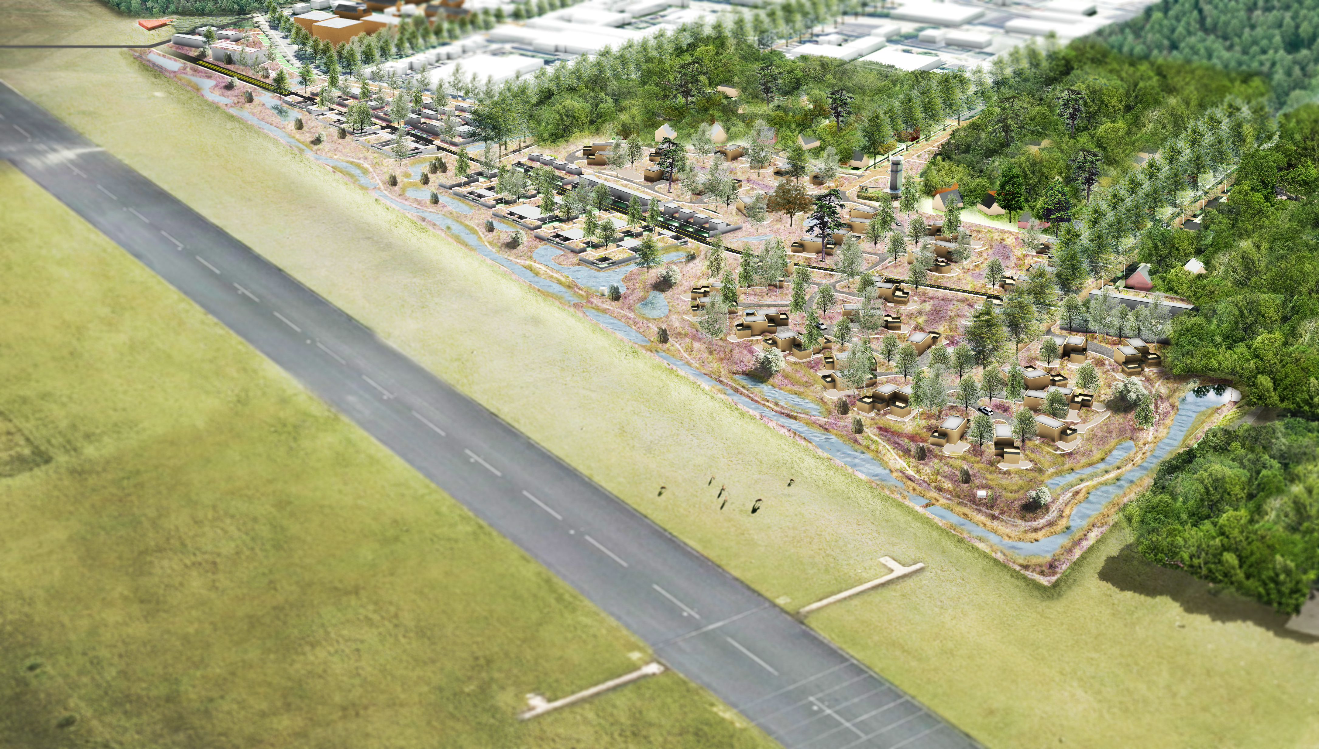 Vogelvluchtperspectief van de nieuwe Woonwijk Vliegbasis Soesterberg.