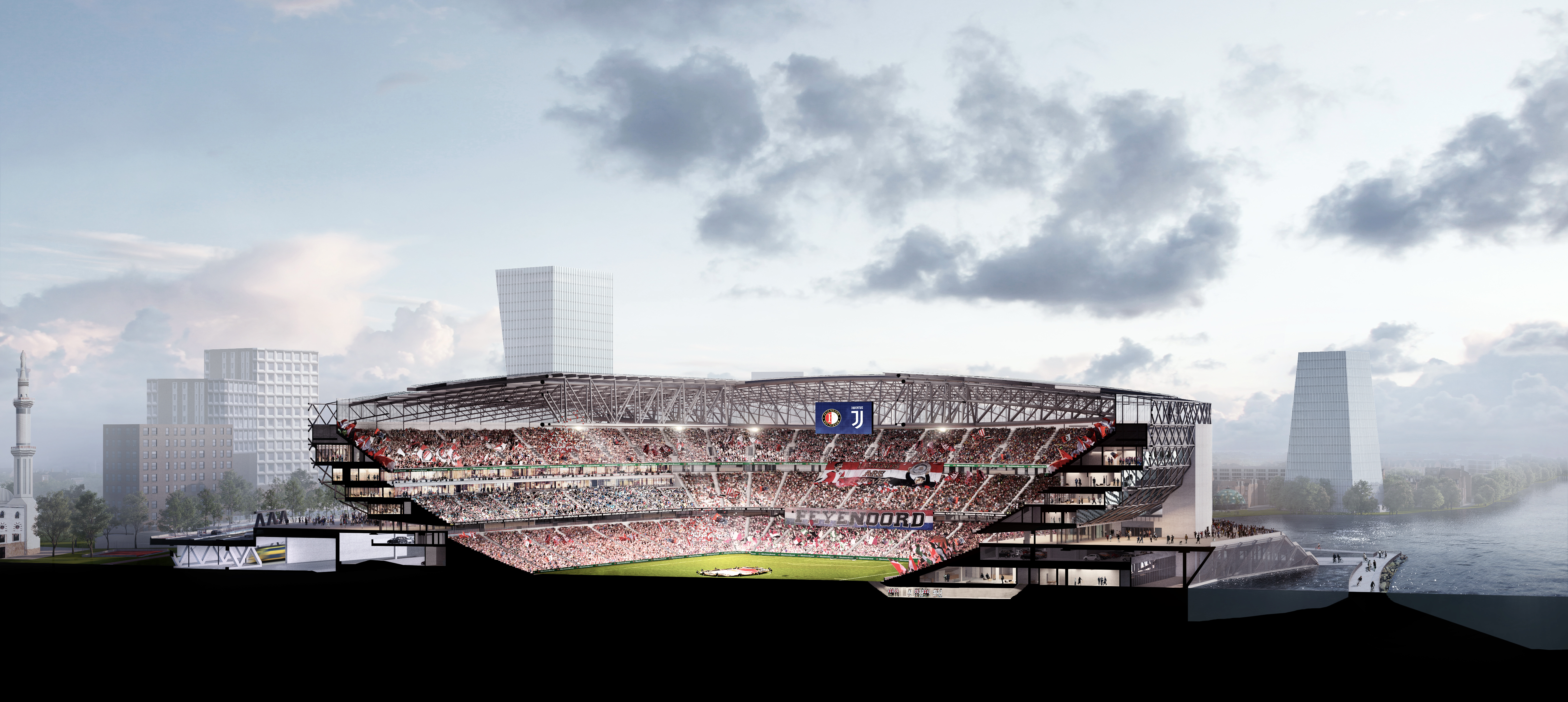 Dwarsdoorsnede van het nieuwe stadion. Het veld ligt op straatniveau. De publieke omloop met entrees bevindt zich tussen de eerste en de tweede ring. De verdiepte spelerstunnel aan de Maaszijde is een hommage aan de Kuip. Beeld OMA
