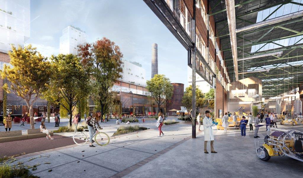 Zichtbare Smart Tech op het fabrieksplein in het Kabeldistrict.  Beeld VERO Visuals