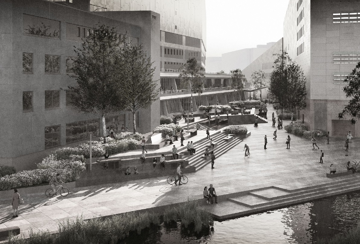 Impressie terassen met zicht op Lake Piano © gmp Architects
