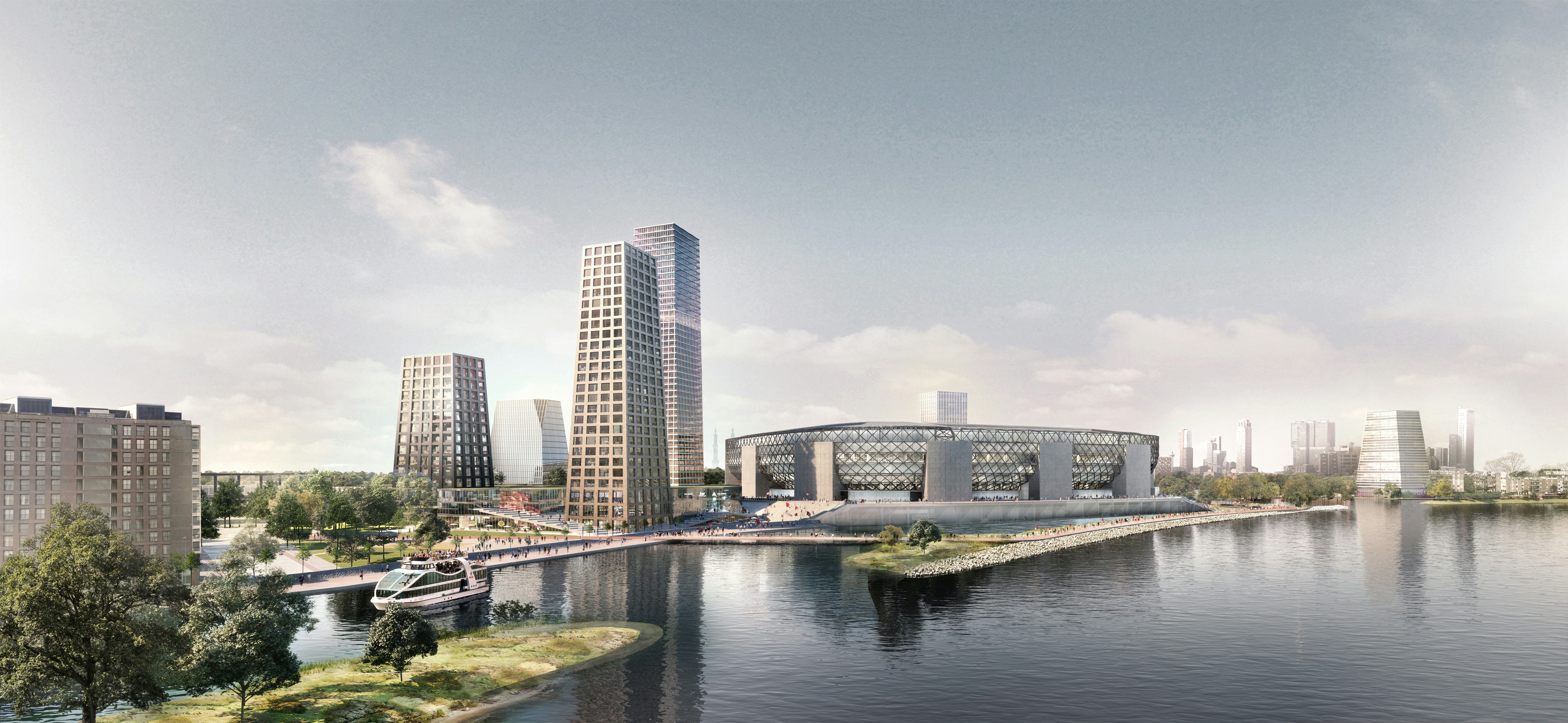 Gebiedsontwikkeling Feyenoord City. De impressie toont het nieuwe waterfront en het Feyenoordstadion als aanjager van het gebied. Beeld OMA/LOLA