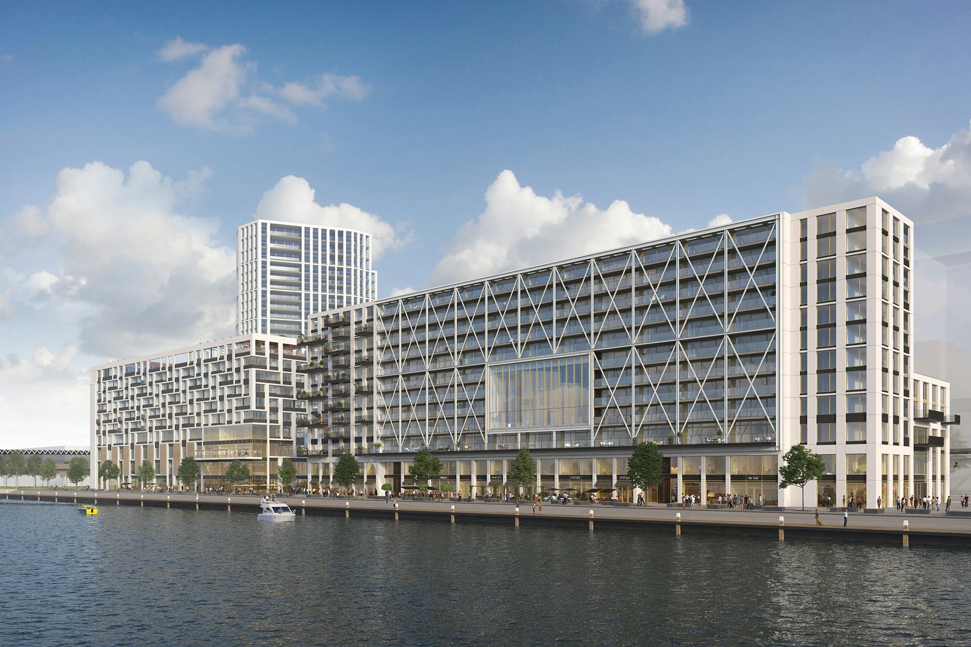 Impressie van het toekomstige hotel- en appartementencomplex aan de Rijnhaven in Rotterdam