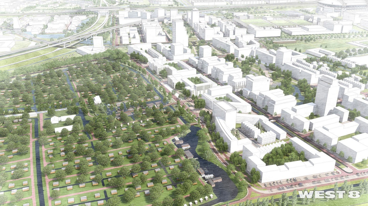 De Nieuwe Kern wordt een stadswijk in Amsterdam bestaande uit 4500 woningen en een stadspark. Het ontwerp is van West 8. 