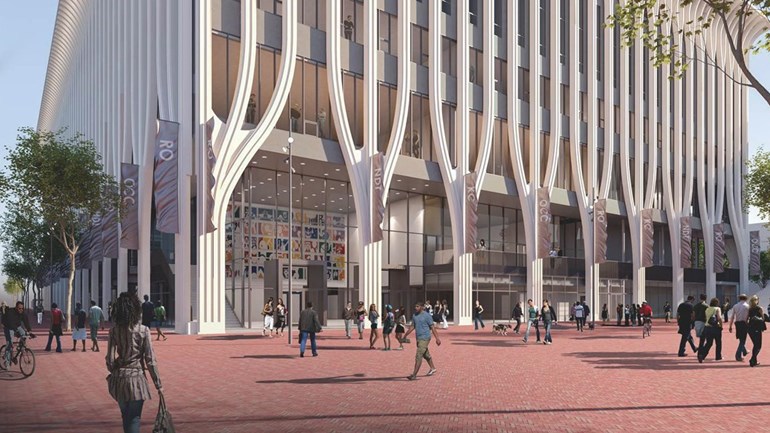 Het nieuwe cultuurcomplex in Den Haag gezien vanaf het Spuiplein. Beeld gemeente Den Haag
