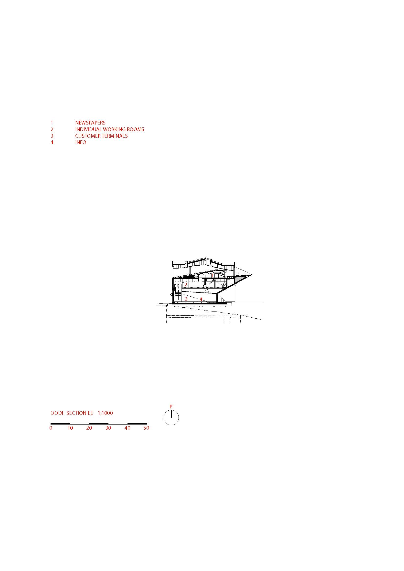 Dwarsdoorsnede EE' Oodi in Helsinki 