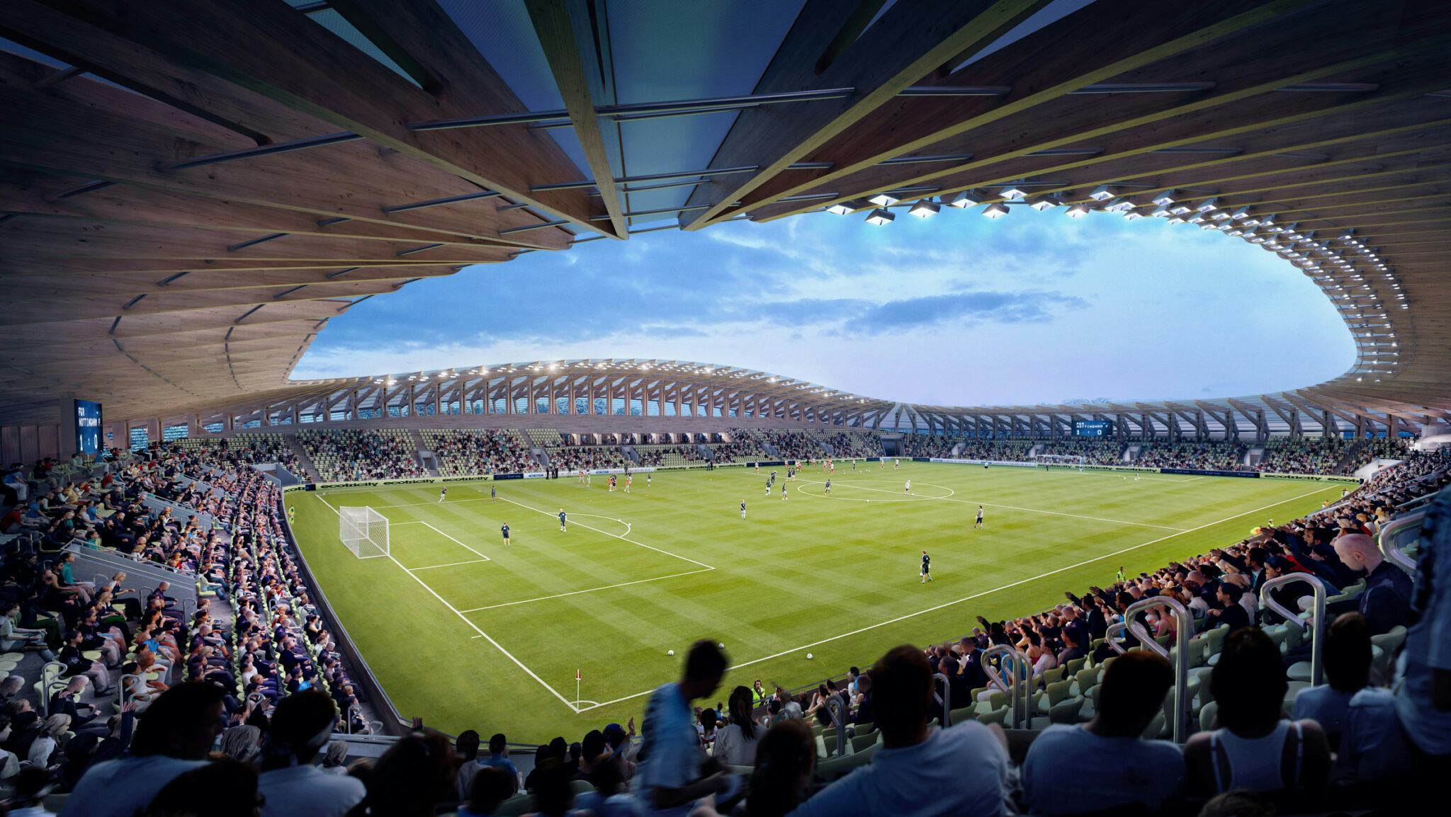 Houten voetbalstadion door Zaha Hadid Architects in Gloucestershire
