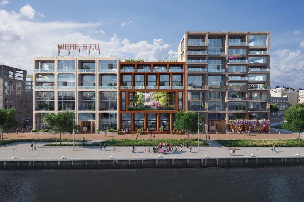 Robuuste blokken met ruimtelijke woningen en het venster aan de Maas