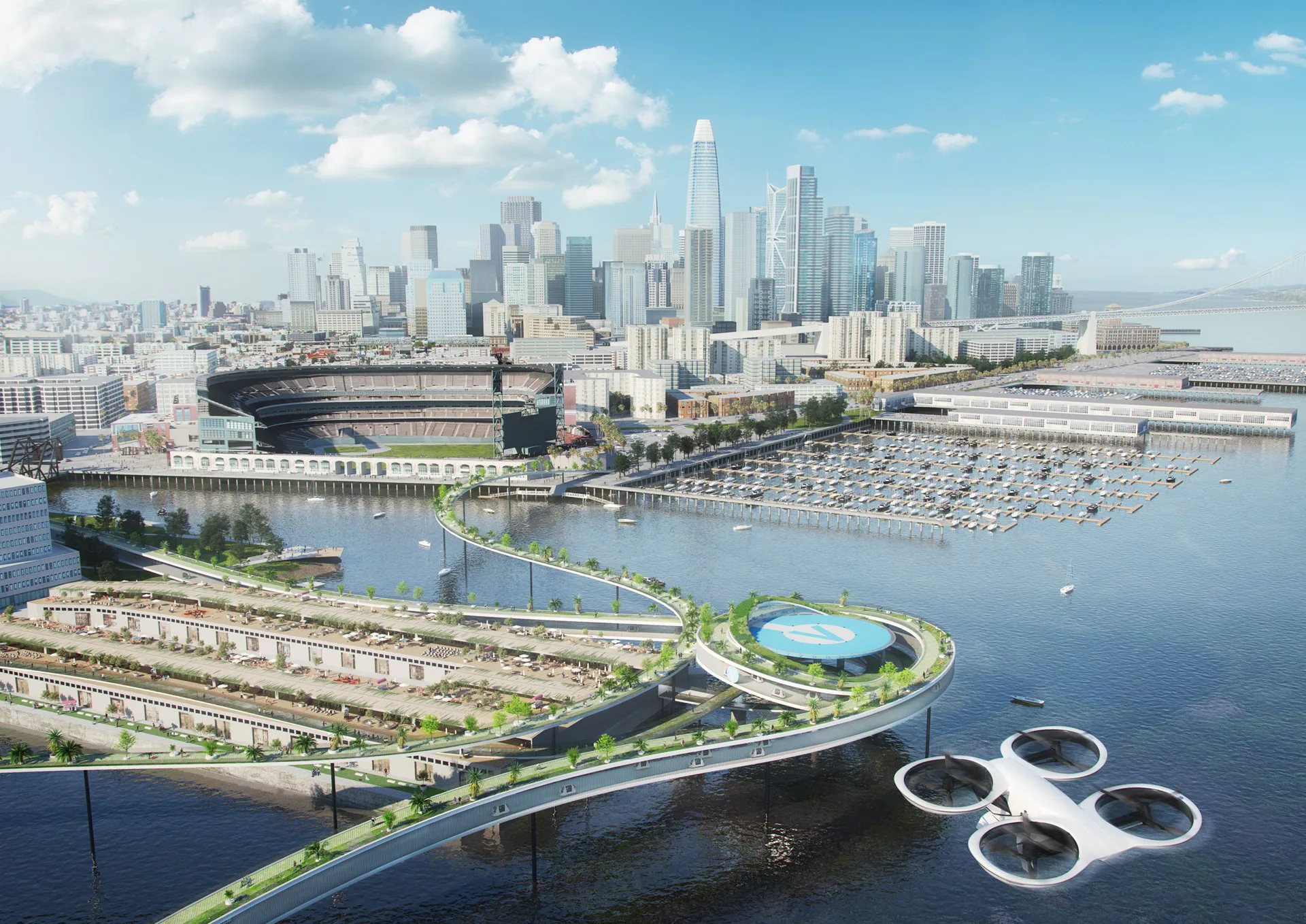 MVRDV en Airbus ontwikkelden een aantal scenario's voor verschillende steden. Zo zou vervoer per lucht groene mobiliteit in San Francisco kunnen stimuleren. Beeld: MVRDV