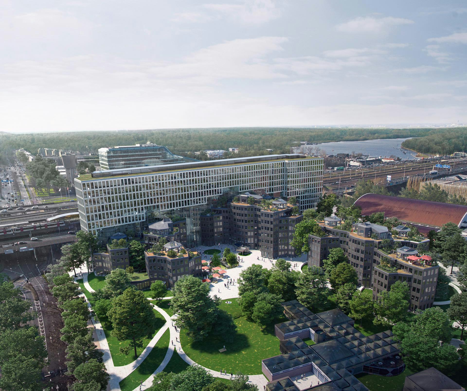 Tripolis-Park wordt door renovatie van Aldo van Eycks Tripolis en toevoeging van een 'landscraper' weer aantrekkelijk voor de huidige kantorenmarkt. Beeld: Proloog