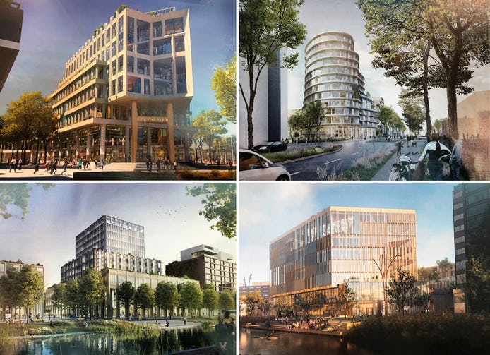 De vier geselecteerde ontwerpen voor het nieuwe stadskantoor in Dordrecht