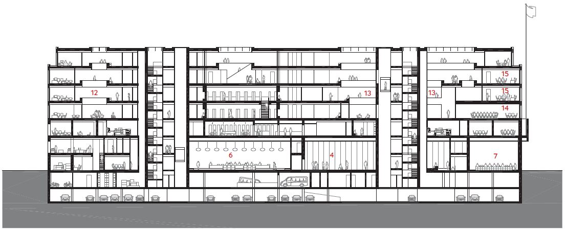 Lengtedoorsnede Hoge Raad der Nederlanden in Den Haag door KAAN Architecten