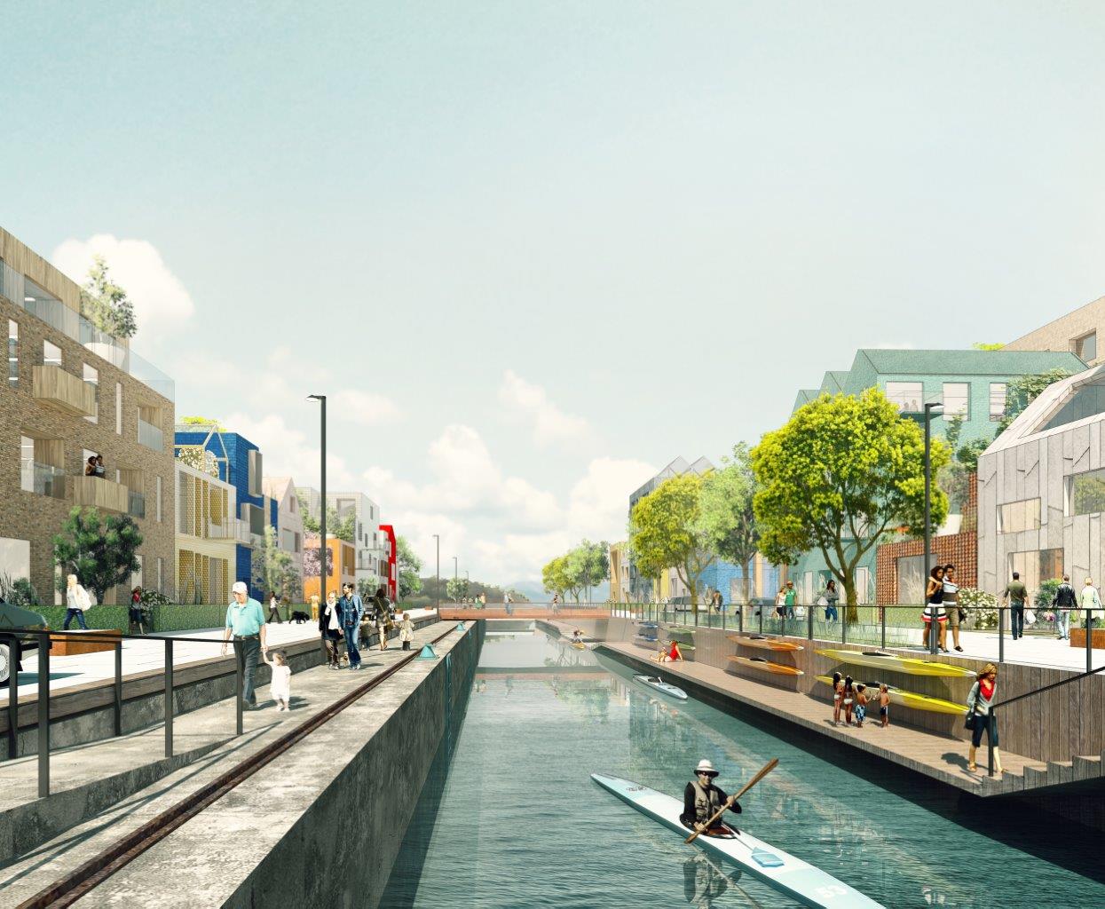 Aan het kanaal creeren de kleinere rijhuizen een intieme, op de gemeenschap gerichte sfeer