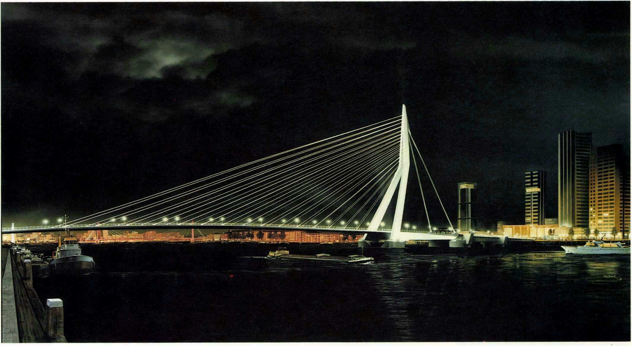Gezicht op de Erasmusbrug vanaf de Wiilemskade. Artists impression van Cas Schook