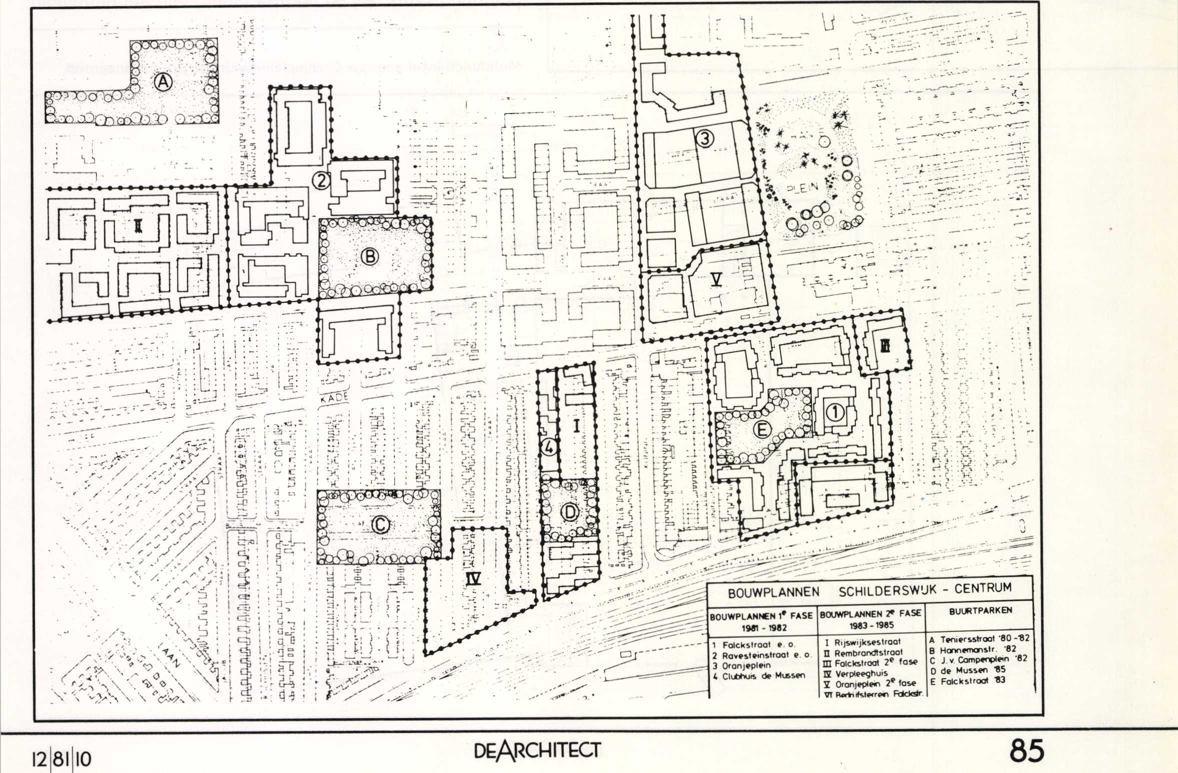 De grote stadsvernieuwings-operatie in de Schilderswijk in kaart gebracht.
Rechtsboven het Oranjeplein met aan de linkerzijde het complex
met woningen, winkels, scholen, sporthal en wijkcentrum. Rechtsonder
het woningbouwproject aan de Falckstraat. Links het woningbouwproject
aan de Van Ravesteinstraat.