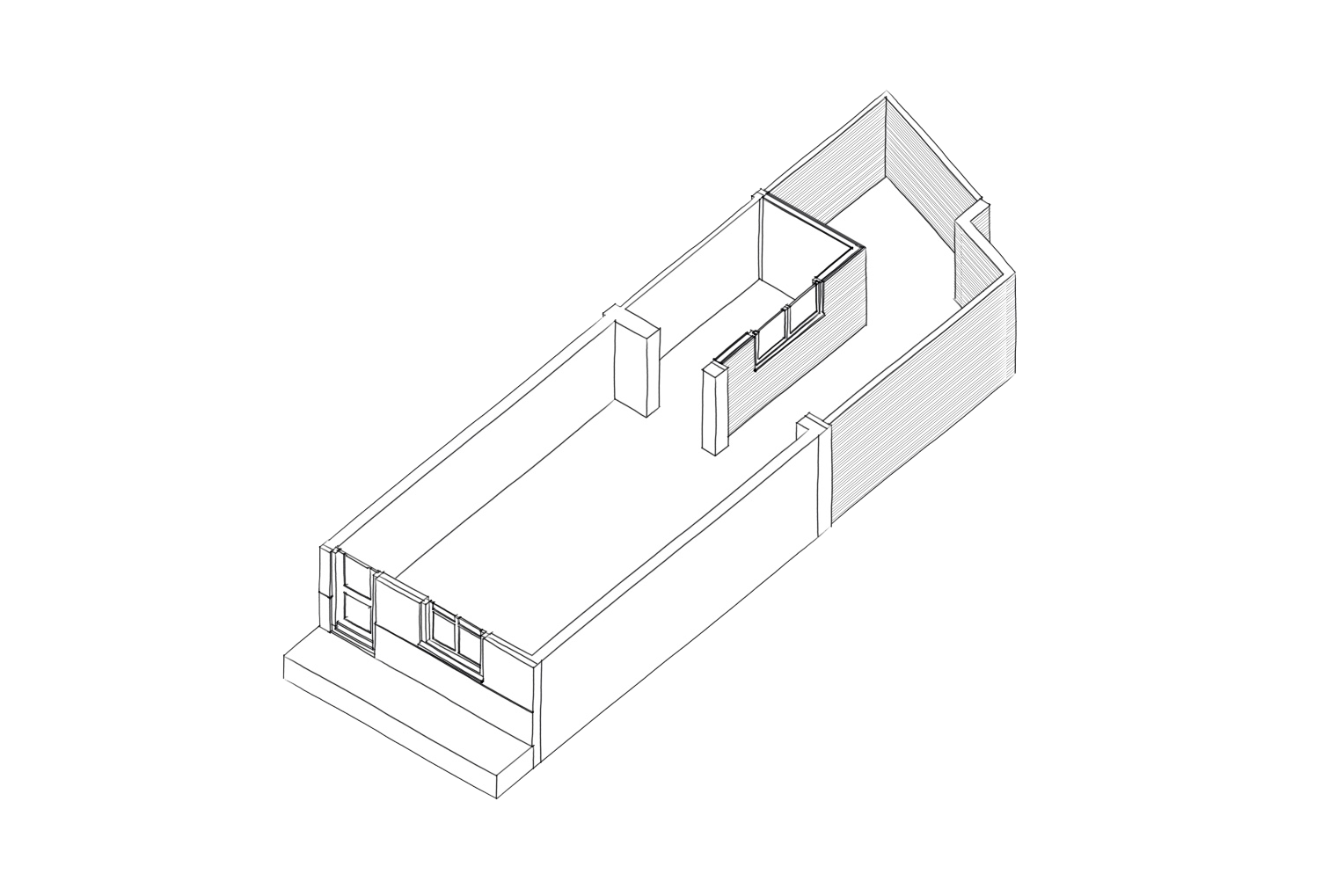 Axonometrie bestaande situatie Hofjeswoning Mallemolen in Den Haag door Bláha architecture+design